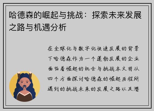 哈德森的崛起与挑战：探索未来发展之路与机遇分析